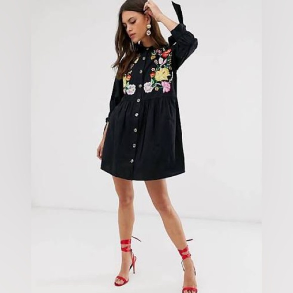 ASOS embroidered grandad collar button mini smock dress with tie sleeves
